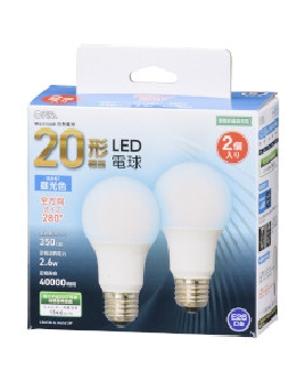 ＬＥＤ電球（20形相当/350lm/昼光色/E26/全方向配光280°/密閉形器具対応/2個入） 4971275647039