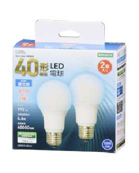 ＬＥＤ電球（40形相当/590lm/昼光色/E26/全方向配光280°/密閉形器具対応/2個入） 4971275647060