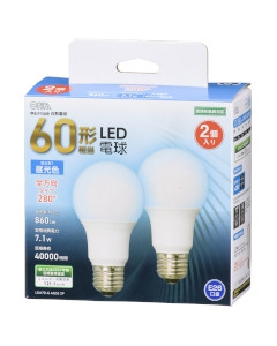 ＬＥＤ電球（60形相当/860lm/昼光色/E26/全方向配光280°/密閉形器具対応/2個入） 4971275647091