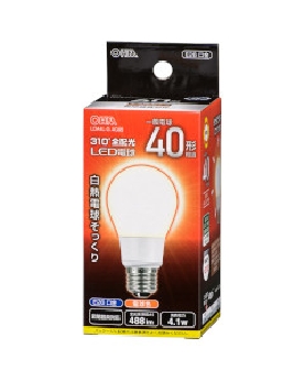 ＬＥＤ電球（40形相当/Ra84/488lm/電球色/E26/全方向配光310°/密閉形器具対応） 4971275637573