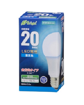 ＬＥＤ電球（20形相当/265lm/2.0W/昼光色/E26/全方向配光260°/密閉形器具対応） 4971275643390