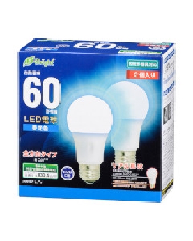 ＬＥＤ電球（60形相当/874lm/昼光色/E26/全方向配光260°/密閉形器具対応/2個入り） 4971275643543