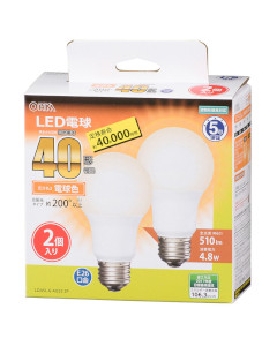 ＬＥＤ電球（40形相当/510lm/電球色/E26/広配光200°/密閉形器具対応/2個入） 4971275632974