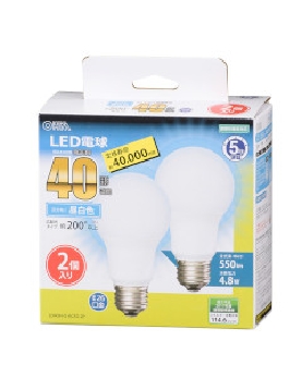 ＬＥＤ電球（40形相当/550lm/昼白色/E26/広配光200°/密閉形器具対応/2個入） 4971275632981